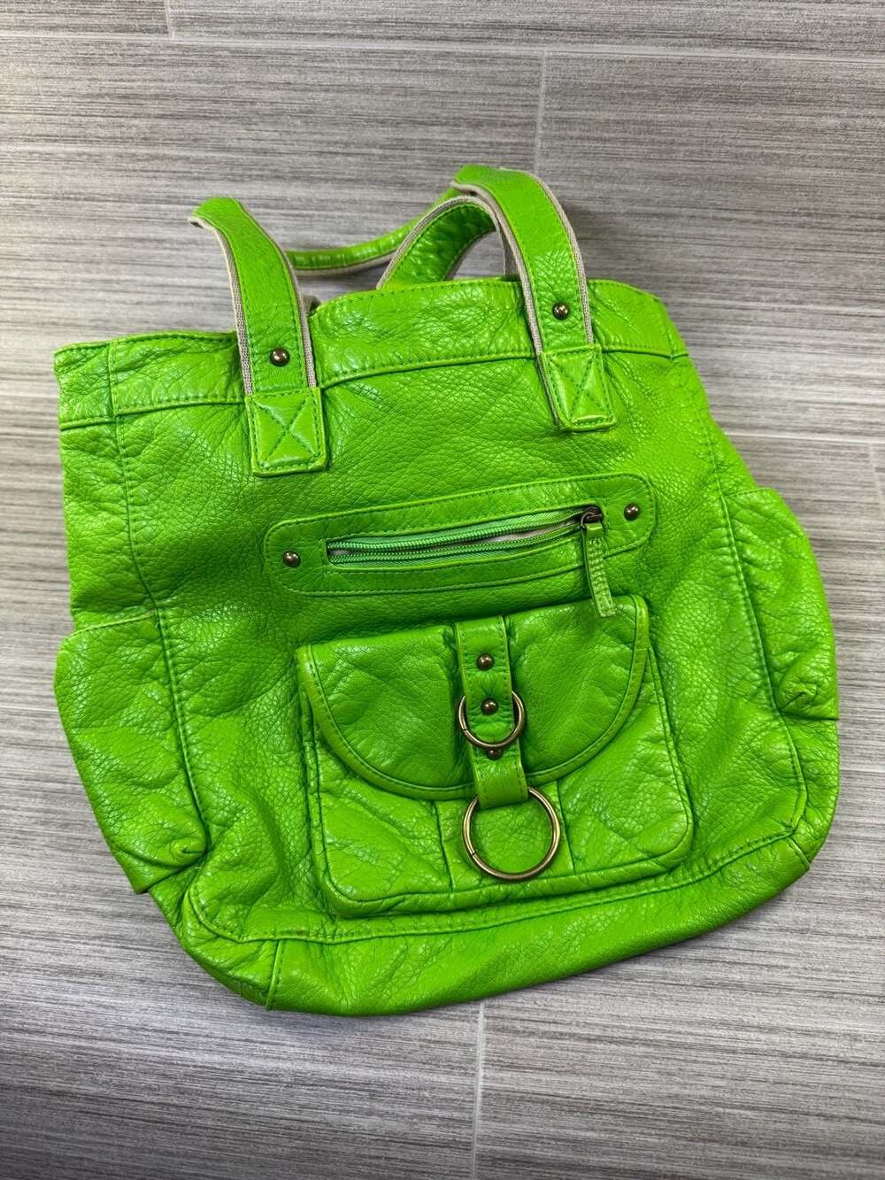 Unbranded Faux Leather Green Tote Bag With Front Pockets Y2K